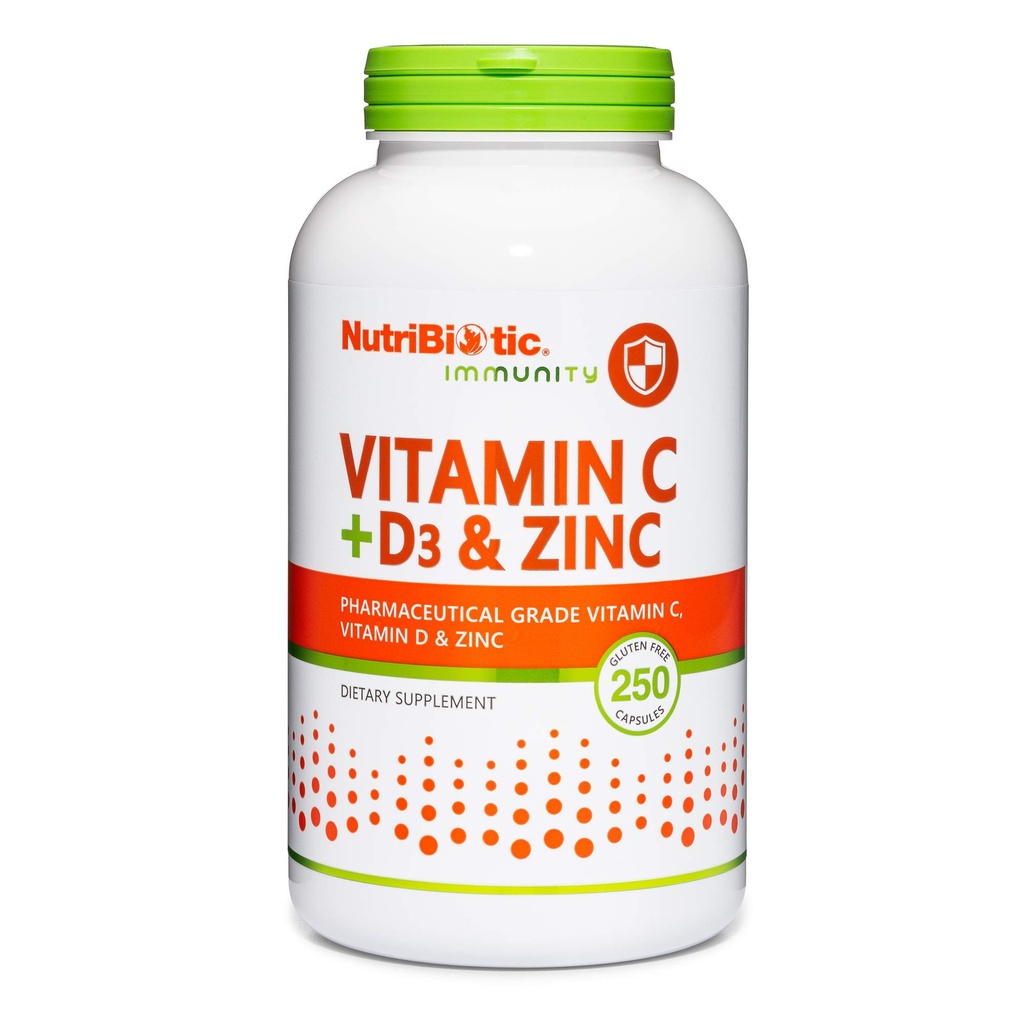 NutriBiotique – Vitamine C + Vitamine D3 & Zinc, 250 Capsules