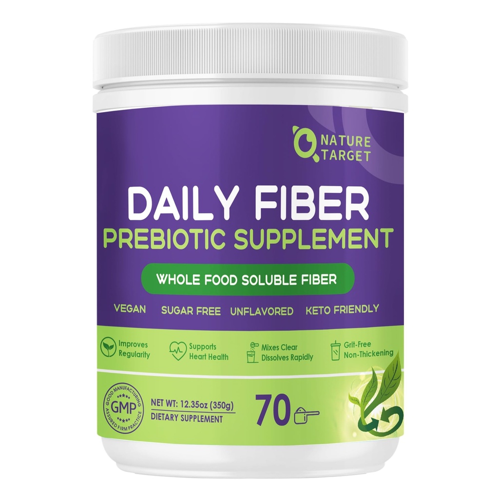 NATURE TARGET Supplément de fibre quotidienne - Poudre de fibre prébiotique soluble pour la santé des Guts, aliments entiers haute fibre pour la santé digestive et la régularité, sans saveur, sans gluten et sans sucre, Keto - 70 portions