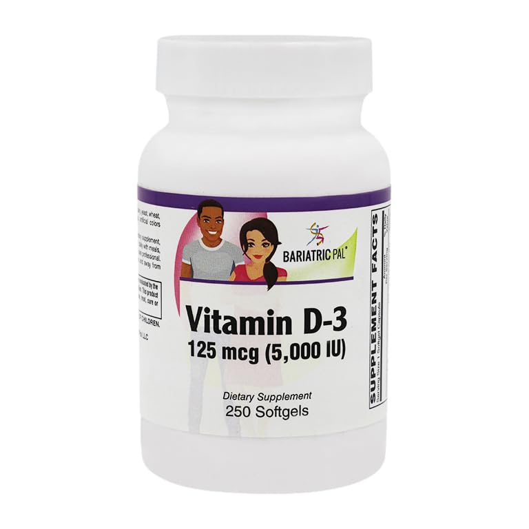 BariatricPal Vitamine D-3 125mcg (5000 UI) - Softgels végétariens d'aval facile (Bouteille de 250ct)