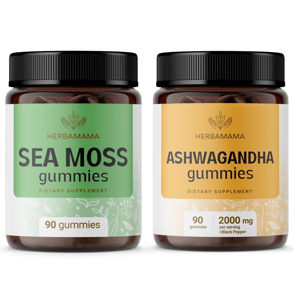 HERBAMAMA Sea Moss and Ashwagandha Kit - Lot de 1600 mg Sea Moss avec bladderwrack et les gommes à racines d'Ashwagandha - Vegan, non-OGM, sans gélatine - 2 packs