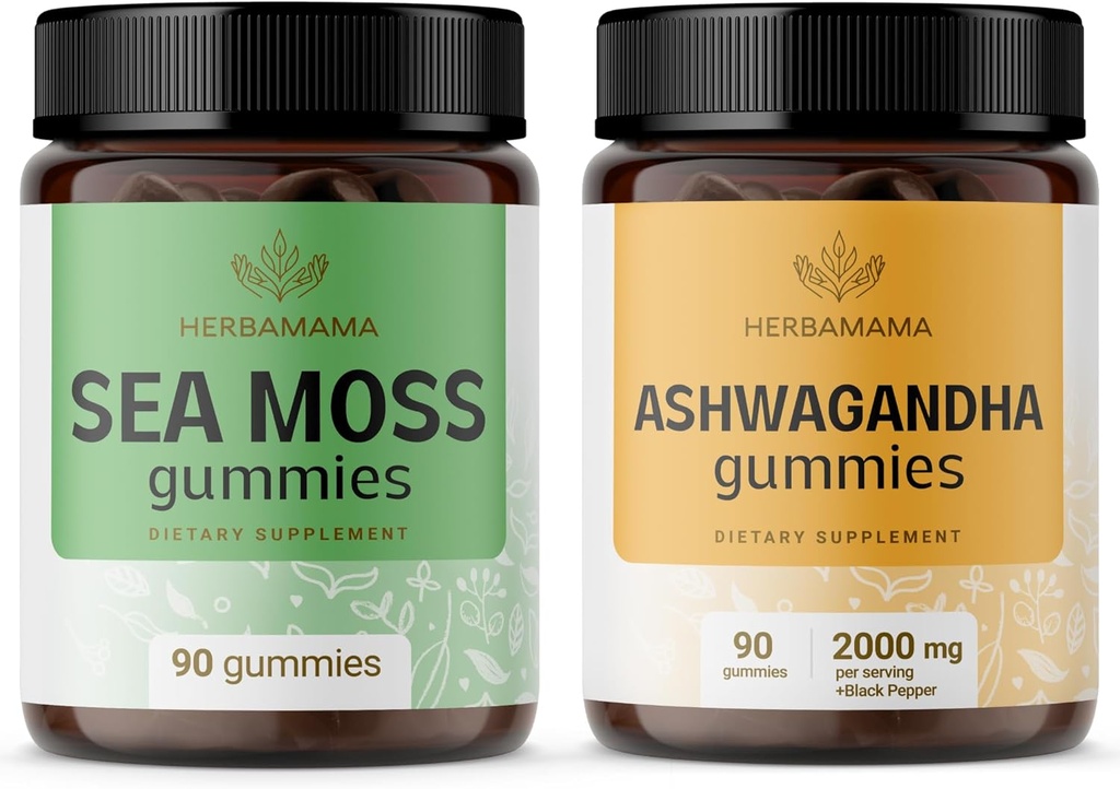 HERBAMAMA Sea Moss and Ashwagandha Kit - Lot de 1600 mg Sea Moss avec bladderwrack et les gommes à racines d'Ashwagandha - Vegan, non-OGM, sans gélatine - 2 packs