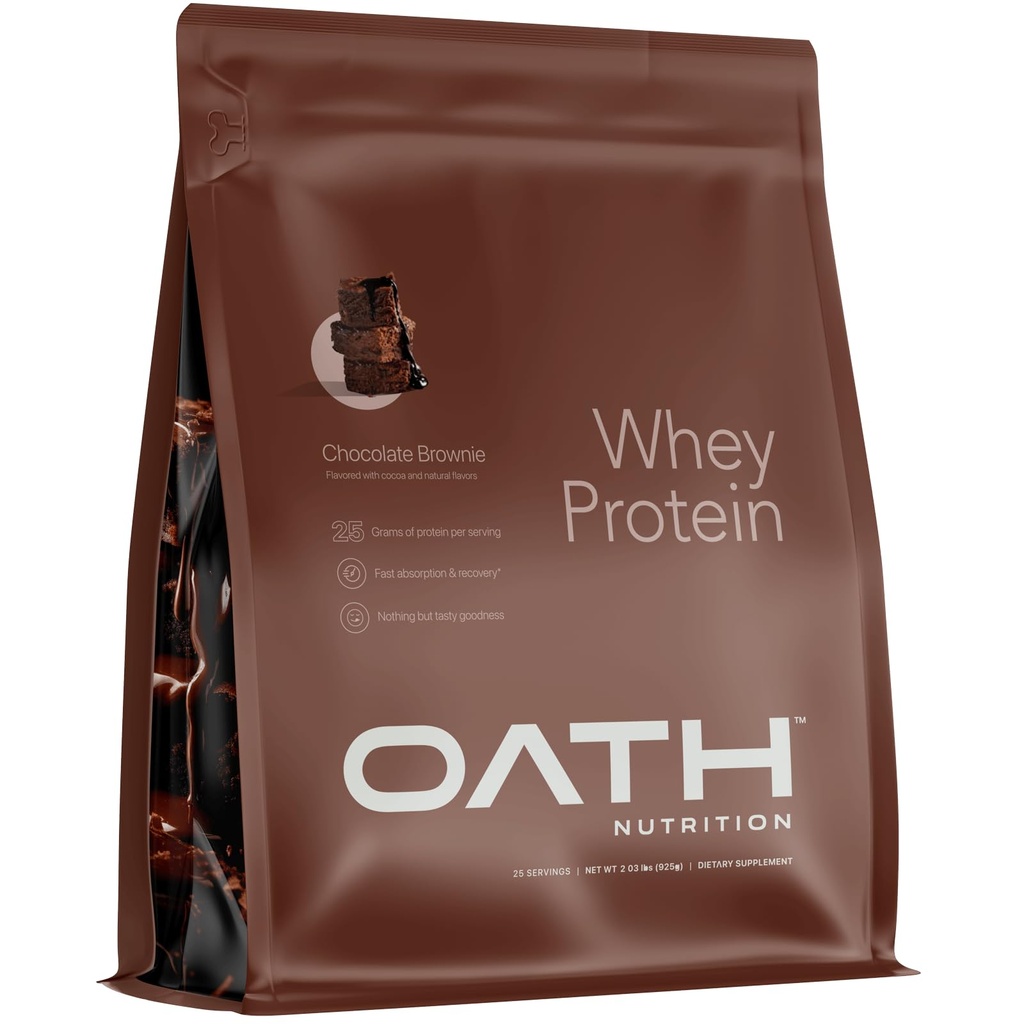 Oath Nutrition Poudre de protéines de lactosérum, Brownie au chocolat, 25 grammes de protéines et seulement 1 gramme de sucre par portion, 2 lb, 25 portions