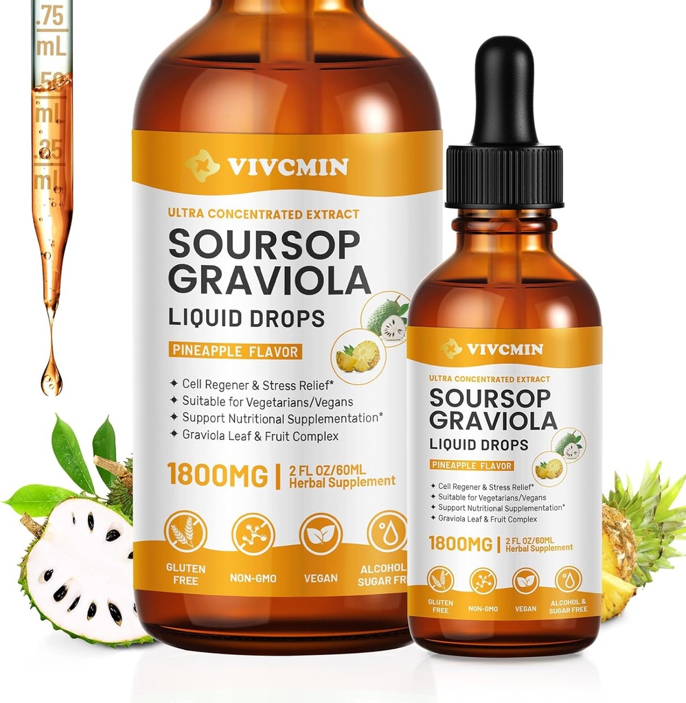 Graviola Soursop Extract Liquide - Soursop Bitters Liquide, support immune, relax, foie et sommeil, sans sucre et sans alcool, formule très absorbante, goût d'ananas, 2 Fl Oz