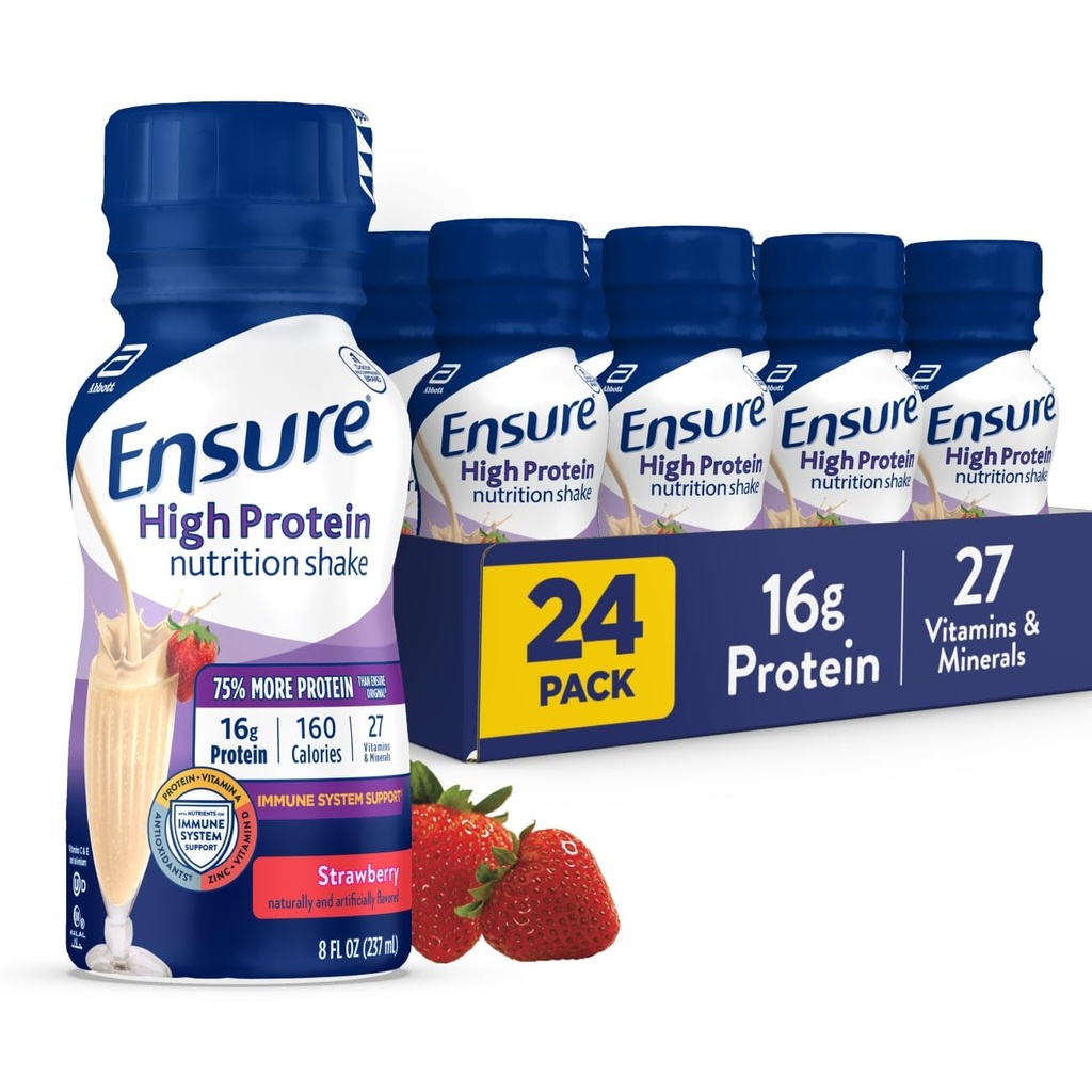 S'assurer que la nutrition des fraises à haute teneur en protéines agite, prête à boire, 16g de protéines et 27 vitamines et minéraux, 8 fl oz, 24 Pack