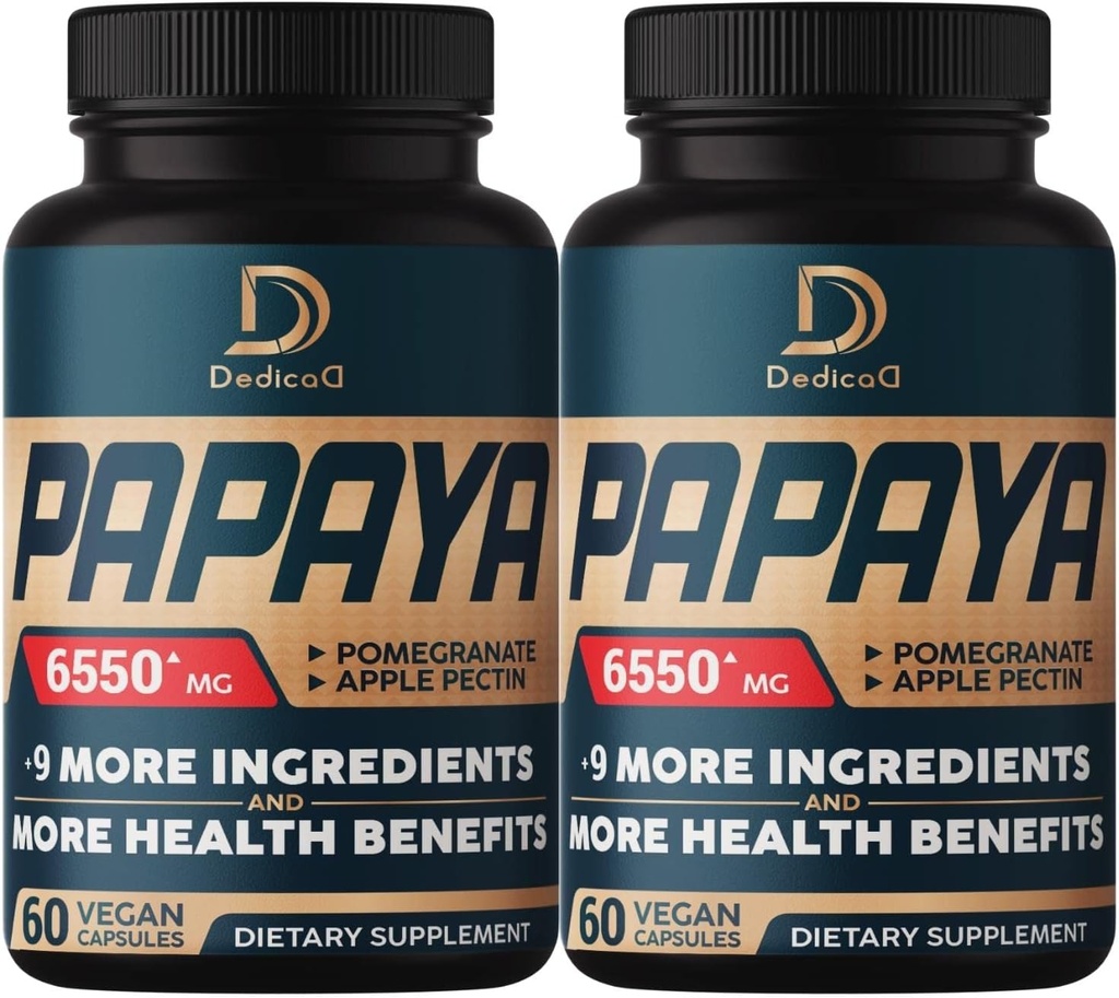 10in1 Enzymes de papaye pure pour la digestion 6550mg 4 mois Soutien Digestion, Immune et santé du corps - mélangé avec la grenade extraite, la pectine de pomme, le gingembre, le curcuma, la menthe poivrée - 2 paquets 60 comtes