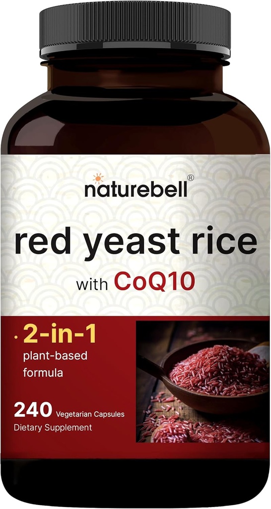 Riz de levure rouge avec CoQ10, 240 Capsules de Veggie. Supplément à base de plantes pour la santé cardiaque – Soutien antioxydant pour l'énergie et la santé cardiaque – Non-OGM