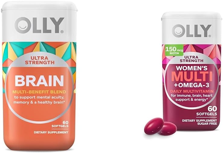 OLLY Ultra Strength Brain Softgels, Nootropic, Supports Healthy Brain Function, Memory, Focus & Ultra Women's Multi Softgels, Overall Health and Immune Support, Omega-3s, Iron, Vitamins A, D