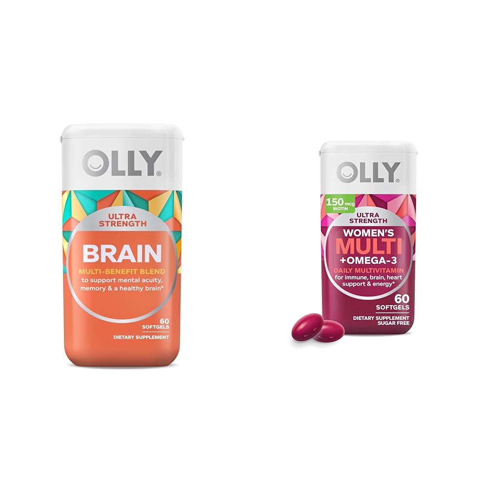 OLLY Ultra Strength Cerveau Softgels, Nootropic, soutient la santé cérébrale Fonction, Mémoire, Focus & Ultra Femmes Multi Softgels, la santé globale et le soutien immunitaire, Oméga-3, Fer, Vitamines A, D