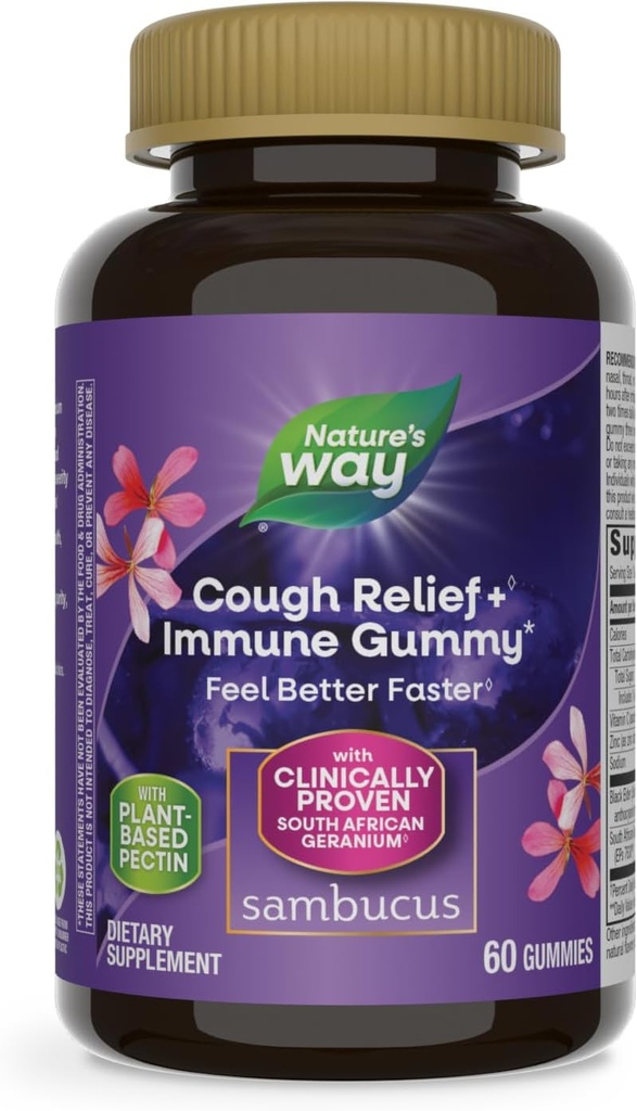 Nature's Way Sambucus Cough Relief+, Immune Gummy, Se sentir mieux plus rapide, cliniquement prouvé extrait de racine de géranium sud-africain, avec extrait de sureau, vitamine C et zinc, 60 Gummies (paquetage mai Vary)