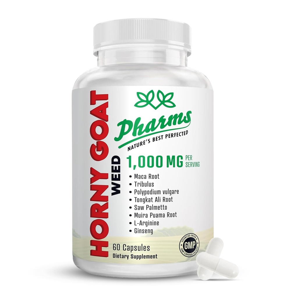 PHARMS Abats d'orge pour hommes et femmes (1 000 mg) - Capsules Energy & Stamina avec racine de Maca, Tribulus, Tongkat Ali, Saw Palmetto & Ginseng - Supplément d'amélioration de la performance féminine et masculine - 60 capsules