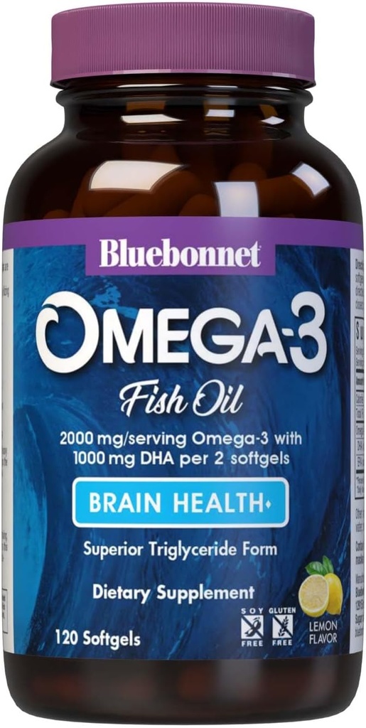 BlueBonnet Nutrition Omega-3 Cerveau Formule naturelle de triglycéride capturé sauvage Forme DHA 1000 mg EPA 210 mg, supplément de soutien à la santé cognitive et au mieux-être hautement concentré, softgel sans gluten, jaune/claire, citron, 120 Compte