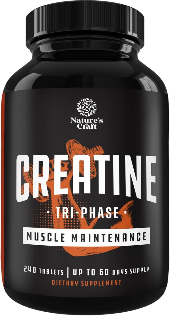 Natures Craft High Strength Tri Phase Creatine Tablets for Women & Men - Formula Blend of Creatine Monohydrate, 300mg HCL & Pyruvate Supplement - Muscle Mass Gain & Recovery Supplement - 240 Tablets