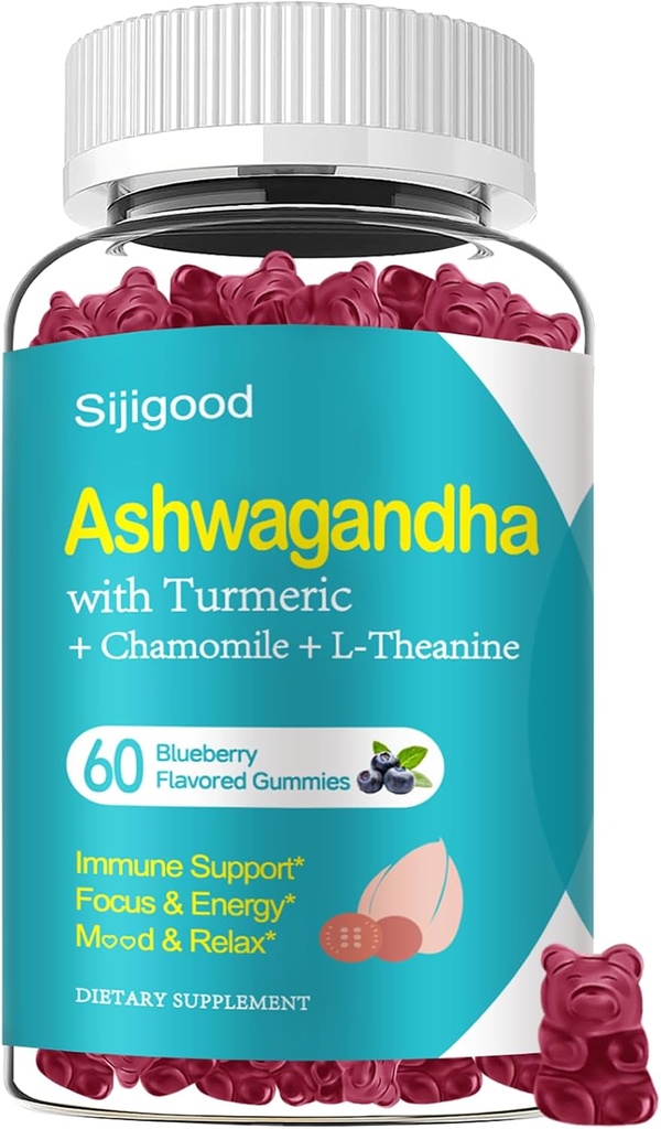 Ashwagandha Gummies, Soutien à l'immunité, Relaxation, Suppléments Ashwagandha pour les hommes et les femmes, Flavor de bleuets naturels, 60 comtes