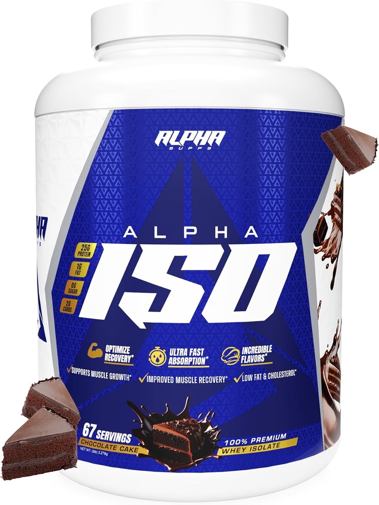 Alpha Suppose ISO, Low Carb 100% Whey Protein Isolate Poudre, 25 grammes par portion, aide à soutenir la croissance musculaire, faible sucre et sans gluten (Cake chocolat, 5 lb)