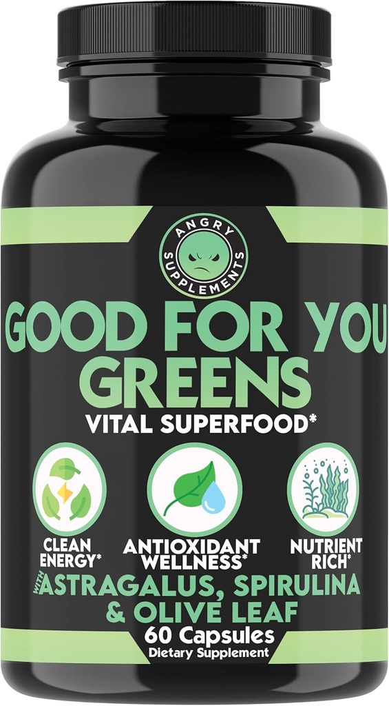 Suppléments en colère Bon pour vous Verts, Vital Green Super Food Blend pour la formule de booster de soutien immunitaire, infusé avec Spiruline, Astragalus racine, et extrait de racine de feuille d'olive (1-Bottle)