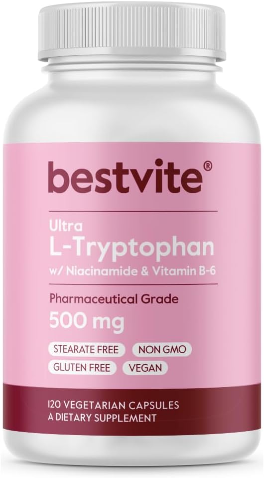 BESTVITE L-Tryptophane 500mg avec B3 & B6 (120 capsules végétariennes) – Pas de remplissage – Pas de stéarates