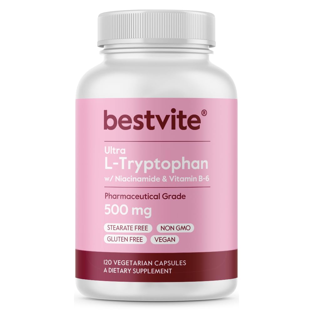 BESTVITE L-Tryptophane 500mg avec B3 & B6 (120 capsules végétariennes) – Pas de remplissage – Pas de stéarates