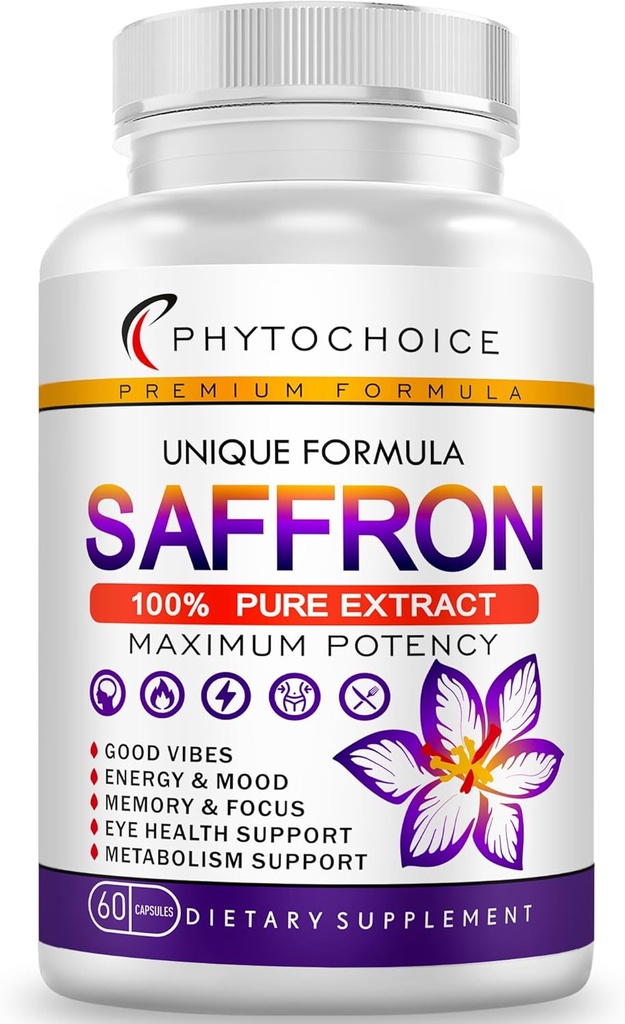 Saffron Suppléments-100% pur Safran Extrait Capsules-Boost Énergie et humeur, Soutien Eye & Heart Health, Focus, Vision - pur Safran Extrait 88,5 mg - Fabriqué aux États-Unis pour les femmes et les hommes 60 Capsules Vegan