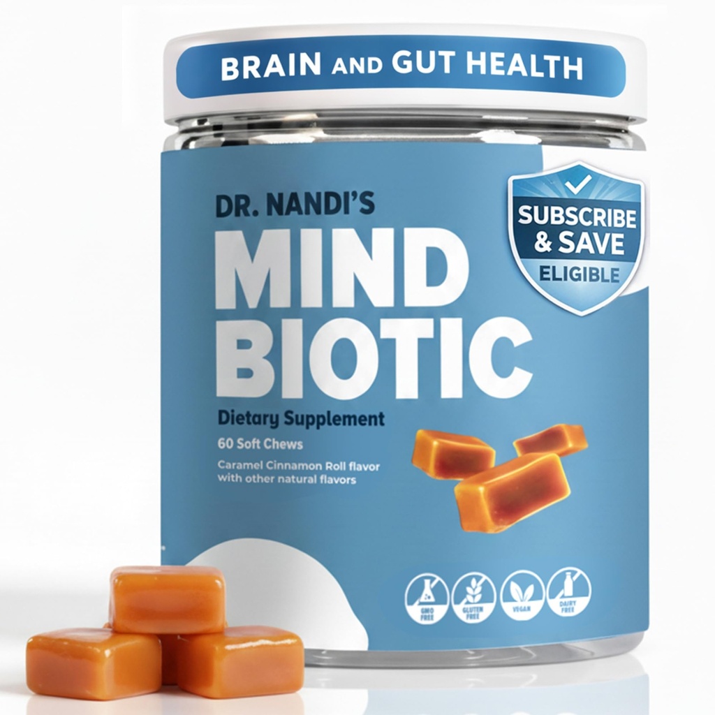 MindBiotic Cerveau et supplément de santé digestive du Dr Nandi - KSM-66 Ashwagandha, probiotiques et prébiotiques - soutient la mémoire, la concentration, l'énergie et la connexion Gut-Brain - 300MG - 60 Cinnamon Chews caramel