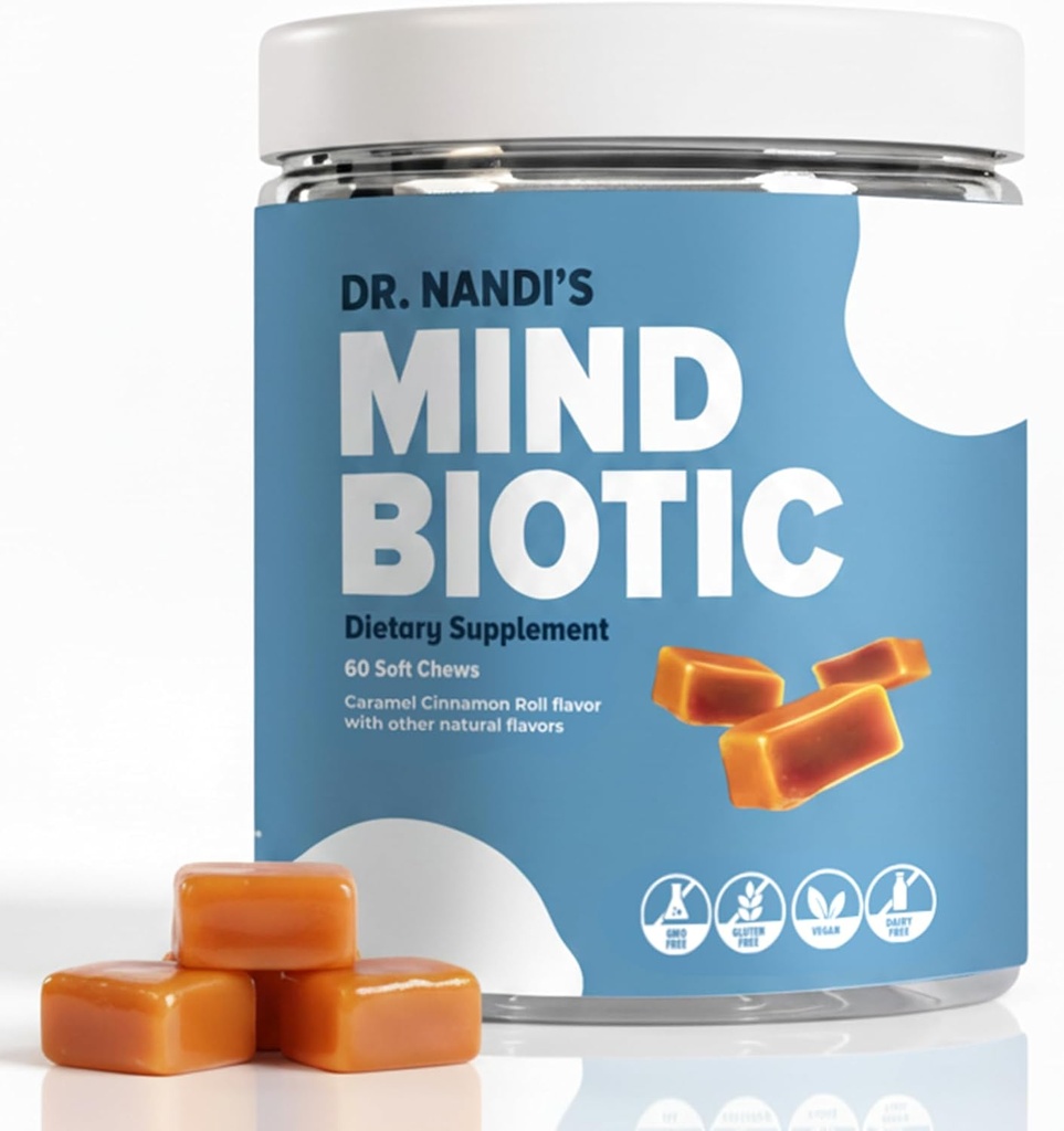 MindBiotic Cerveau et supplément de santé digestive du Dr Nandi - KSM-66 Ashwagandha, probiotiques et prébiotiques - soutient la mémoire, la concentration, l'énergie et la connexion Gut-Brain - 300MG - 60 Cinnamon Chews caramel