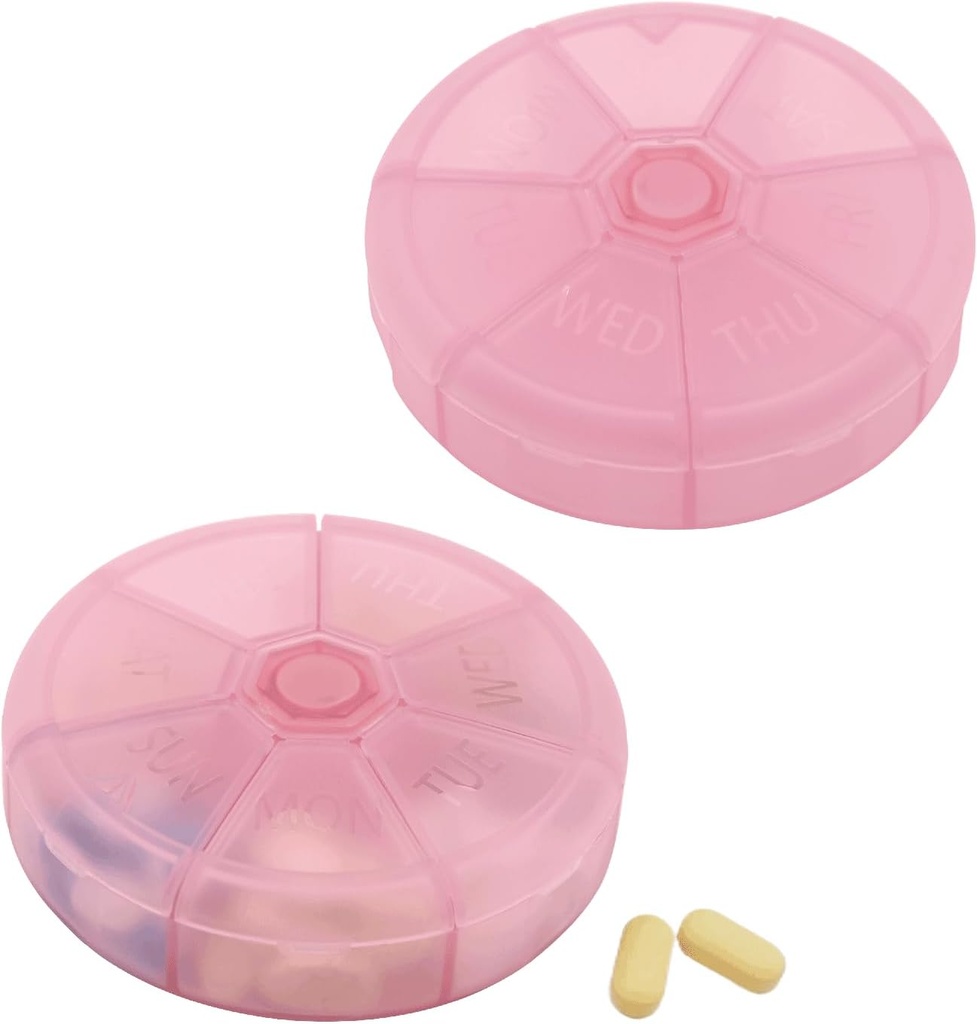 Portable Weekly Pill Organizer 7 Day Pills Container, Round Pill Case Travel Friendly, Daily Week Pill Reminder Case, BPA-Free Vitamin, Supplement, Fish Oil, Medication Planner (Pink)
