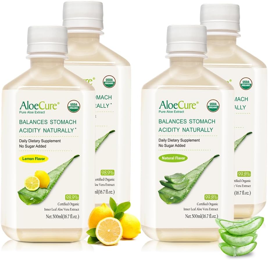 AloeCure Bio Aloe Vera Juice - 4 flacons d'échantillons - Citron & Saveur Naturelle, 4x500ml