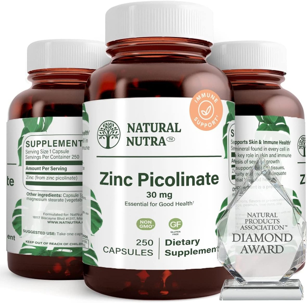 Picolinate de zinc naturel Nutra 30 mg, double résistance, brut et pur, supplément hautement biodisponible pour la croissance et le soutien immunitaire, aide à soutenir le système métabolique, diminuer le rhume commun 250 Capsule