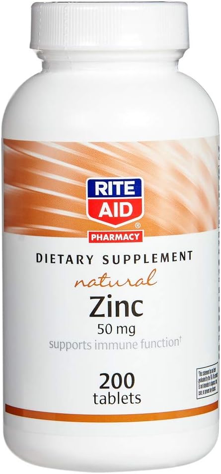 Rite Aid Zinc naturel, 50 mg, 200 comprimés - soutient la fonction immunitaire - Suppléments de zinc - Suppléments de vitamine - Supplément de zinc naturel - Minéral essentiel pour la santé antioxydante - Facile à avaler