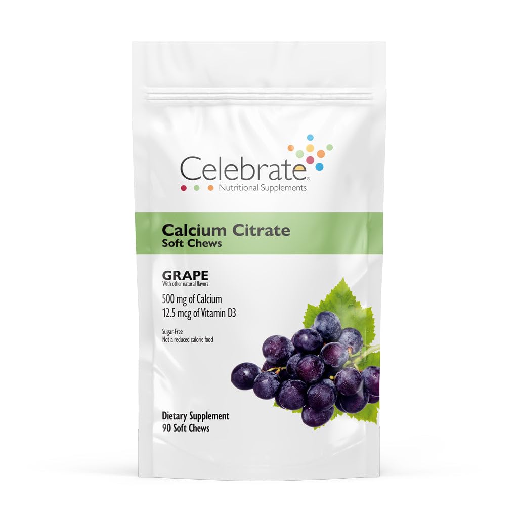 Célébrez les vitamines bariatriques 500mg Citrate de calcium Chews doux avec 500 UI de vitamine D3 – essentiel pour les patients de passage gastrique et santé des os - sans sucre et sans gluten, raisin (90 Chews)