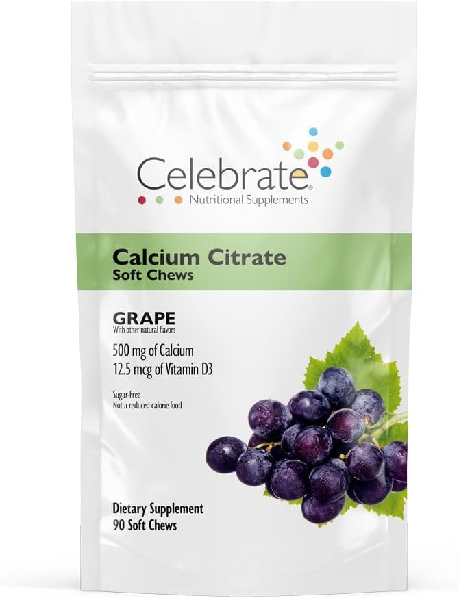 Célébrez les vitamines bariatriques 500mg Citrate de calcium Chews doux avec 500 UI de vitamine D3 – essentiel pour les patients de passage gastrique et santé des os - sans sucre et sans gluten, raisin (90 Chews)