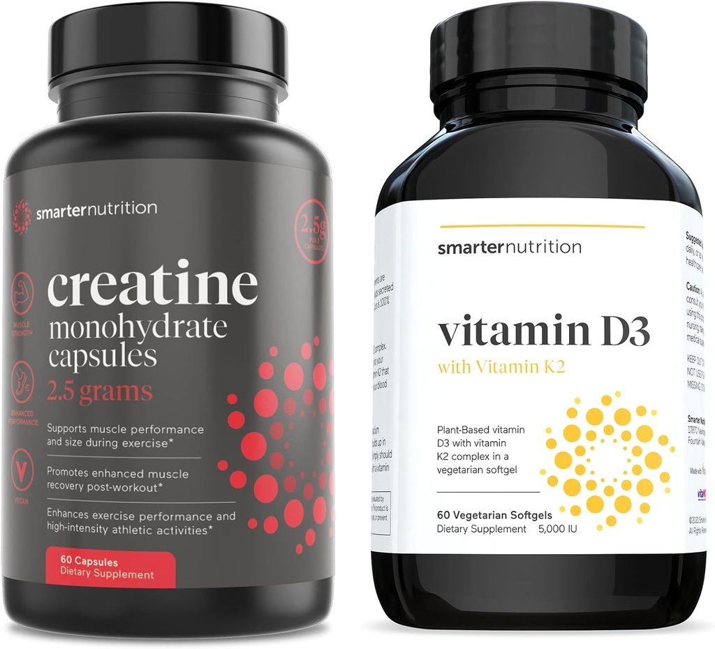Nutrition plus intelligente Vitamine D3 à base végétale avec complexe végétalien K2 dans un softgel végétarien et pilules créatine avec 2500mg (2.5g) Monohydrate de créatine par portion, gélules créatine végétalienne [1-Mois]