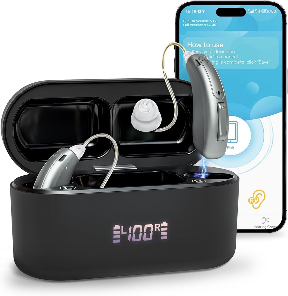 Aides auditives (pas amplificateurs), aides auditives rechargeables Bluetooth pour les personnes âgées adultes, aide auditive intelligente de qualité sonore supérieure de l'OTC avec annulation de bruit, contrôle Bluetooth activé et application, 4 modes