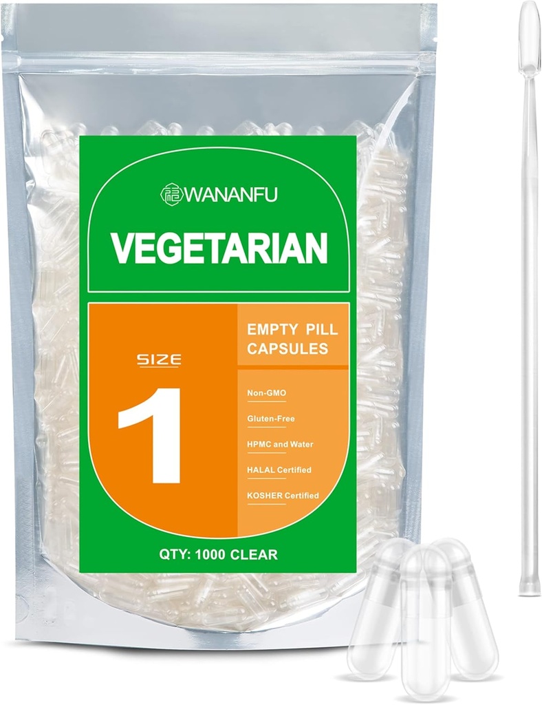 wananfu Size 1 Empty Capsules Vegetarian (1000 Count) Bundle with Micro Lab Spoon, Clear Fillable Veggie Pill Capsules Size 1 for Making Your Own Supplements