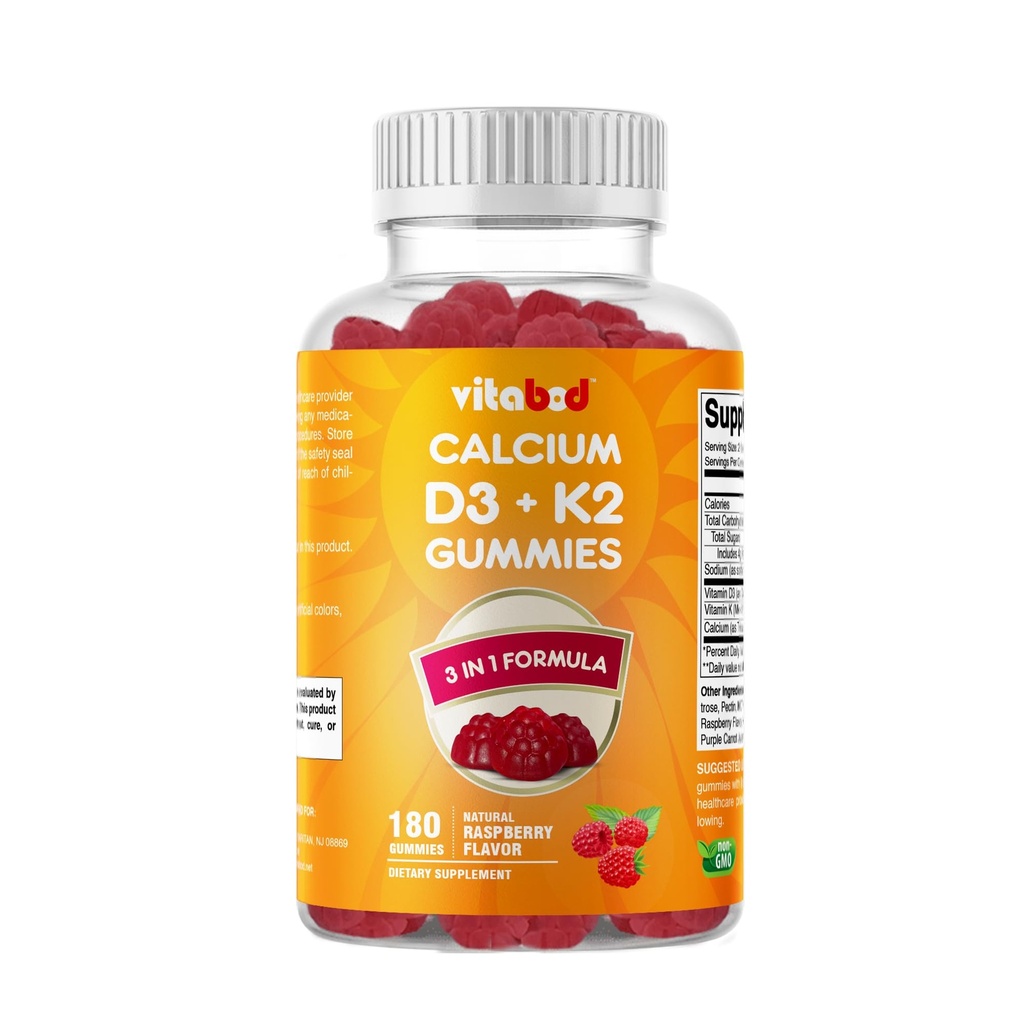 Vitamine D3 + Gummies K2 – Soutien à la santé des os et du coeur – 180 Gummies Vegan à base de pectine
