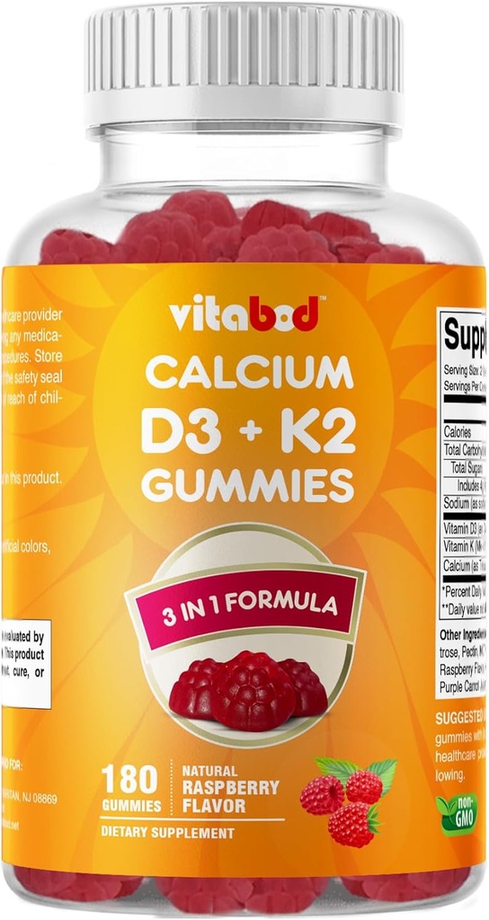 Vitamine D3 + Gummies K2 – Soutien à la santé des os et du coeur – 180 Gummies Vegan à base de pectine