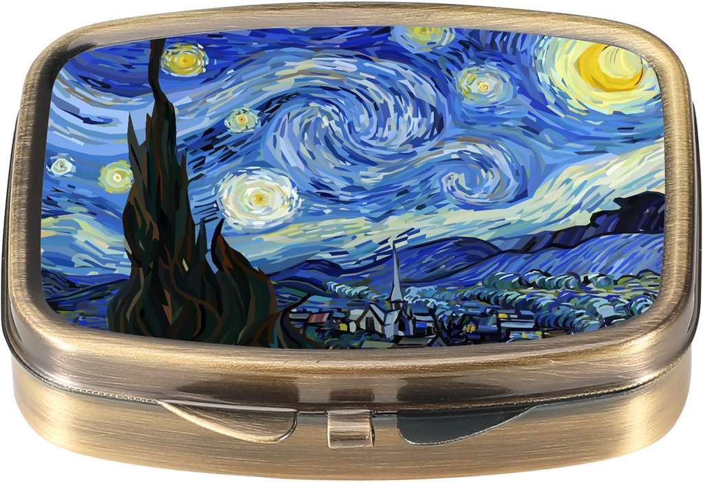 Boîte à pilules Dynippy avec miroir Pocket rétro 2 Compartiment Médicament Cas de pilule vitamine Organisateur pour la chasse à la poche et les voyages (A-Van Gogh The Starry Night)