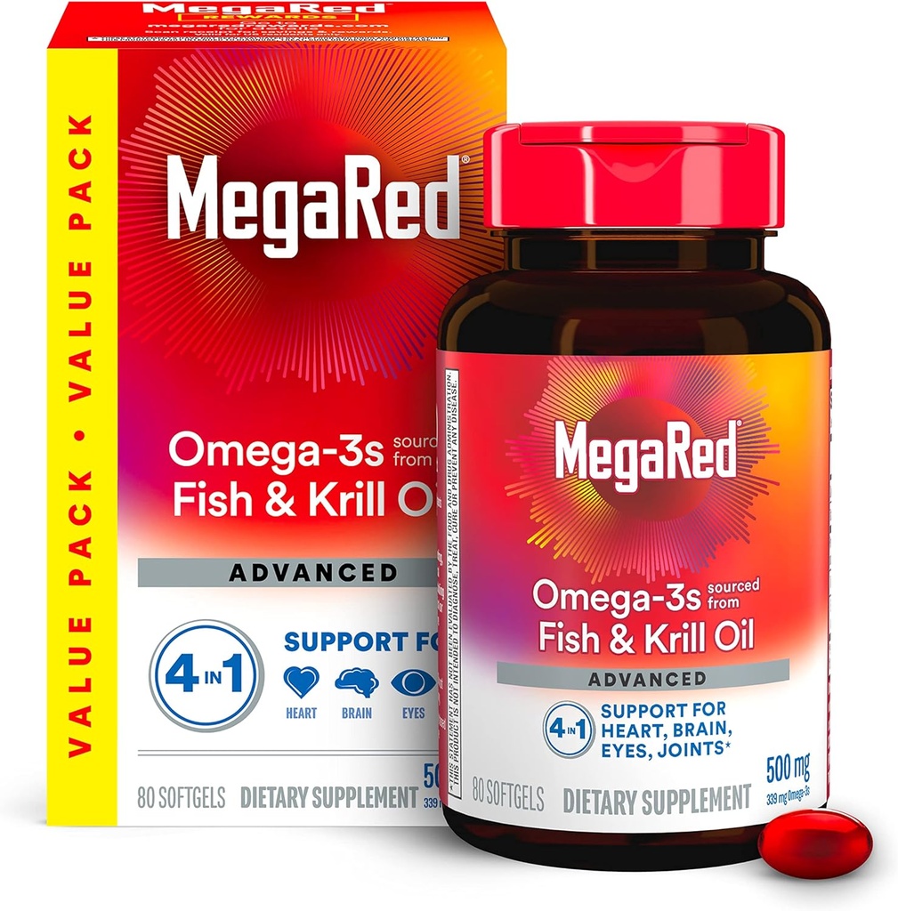 Megared Omega-3 Fish Oil + High Absorption Krill Oil 500mg Softgels, MegaRed Advanced 4in1 (80 count in a bottle) Concentrated Omega-3 Fish & Krill Oil Supplement