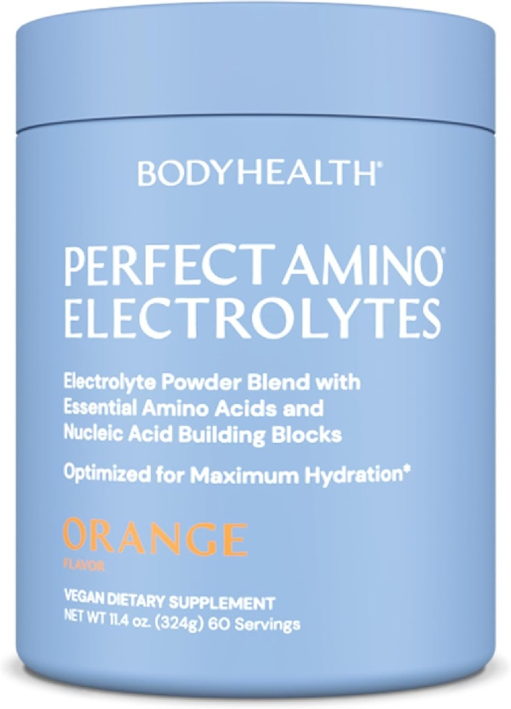BodyHealth PerfectAmino Electrolytes poudre Pas de sucre, sans sucre kéto à jeun Electrolytes boisson mélange, poudre d'hydratation avec minéraux traces - Orange - 60 portions