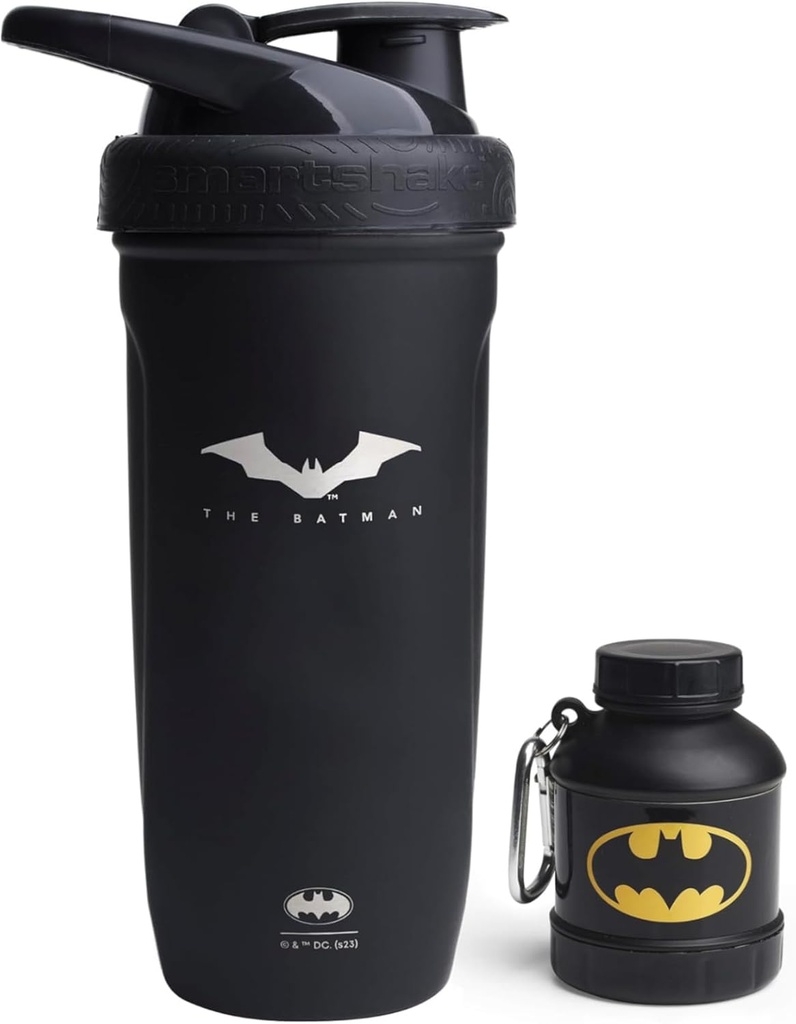 Smartshake DC Comic Bundle - Batman Protein Shaker Bottle – 900ml Leakproof Stainless Steel Water Shaker with 50g Protein Powder Storage Funnel
