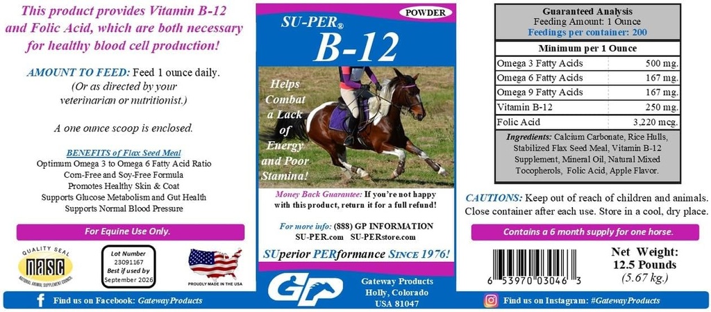 SUPER B-12 Supplément pour chevaux énergétiques - Vitamines équidés B-12 et B-9 Poudre de soutien à l'acide folique - 12,5 livres, 6 mois d'approvisionnement