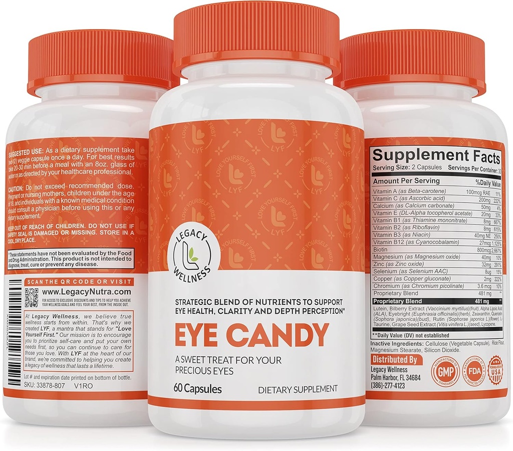 Legacy Wellness Eye Candy Vitamines avec de la lutéine, de la zéaxanthine, du calcium, de la biotine, du cuivre, des pilules de zinc + soutient la santé de la vision chez les adultes vieillissants + la souche oculaire de trop de temps d'écran, des suppléments d'oeil sec