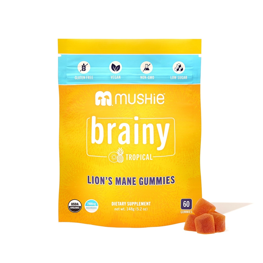 Mushie 100% Lion biologique Gommies de champignons de la Mane - 2000mg (75mg A & B-Glucans) pour la santé du cerveau, Focus & Memory - 60 Lions biologiques Gommies de la Mane pour adultes et enfants