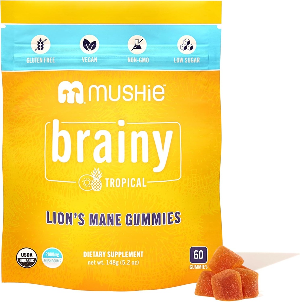 Mushie 100% Organic Lion’s Mane Mushroom Gummies - 2000mg (75mg A & B-Glucans) for Brain Health, Focus & Memory - 60 Organic Lions Mane Gummies for Adults & Kids