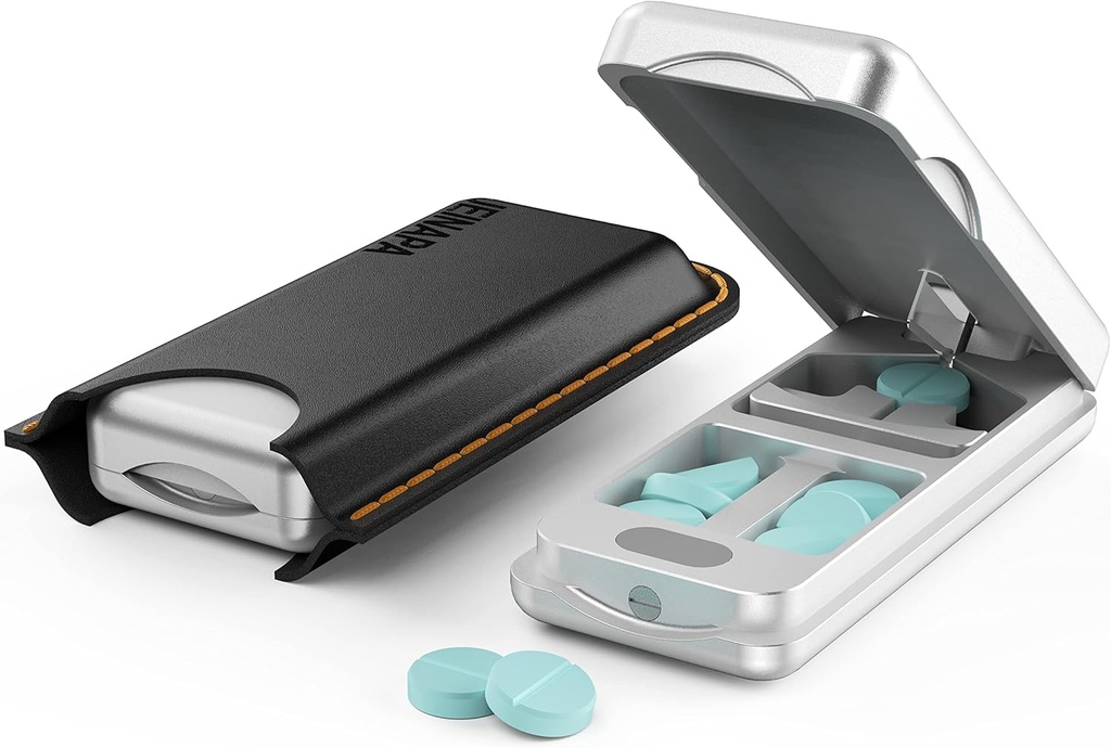 Cutter à pilules avec dispositif de centrage automatique, Splitter à pilules en aluminium avec lame inoxydable 316L, boîtier en cuir véritable, Splitter à pilules professionnel pour couper de petites pilules ou de grandes pilules (argent)