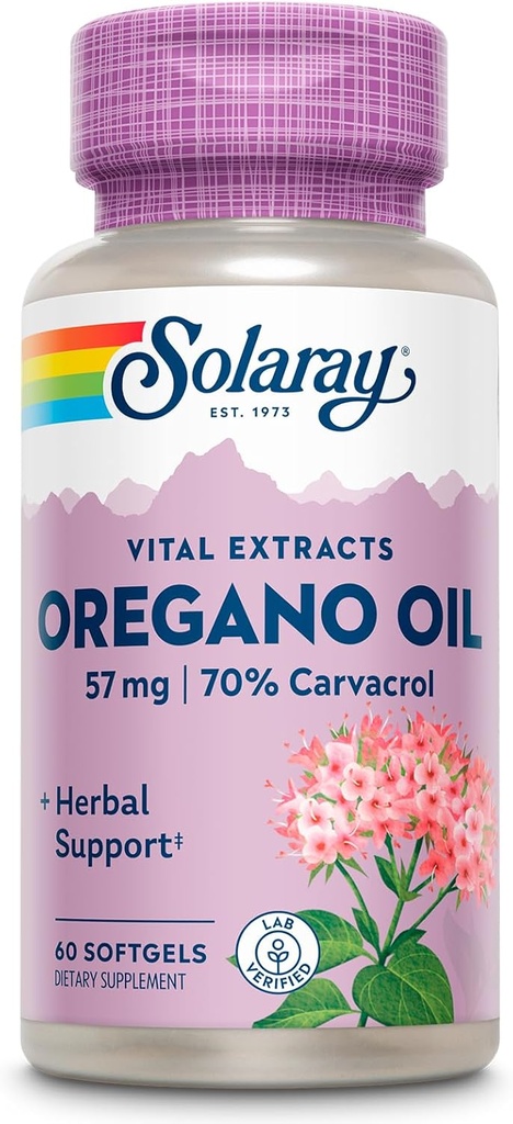 SOLARAY Oregano Oil 57 mg - Huile d'Oregano Softgels - Suppléments à base de plantes pour le soutien général de la santé et du bien-être w/ 70% Carvacrol - Extra Virgin Olive Oil Base, garantie de 60 jours, 60 portions, 60 Softgels