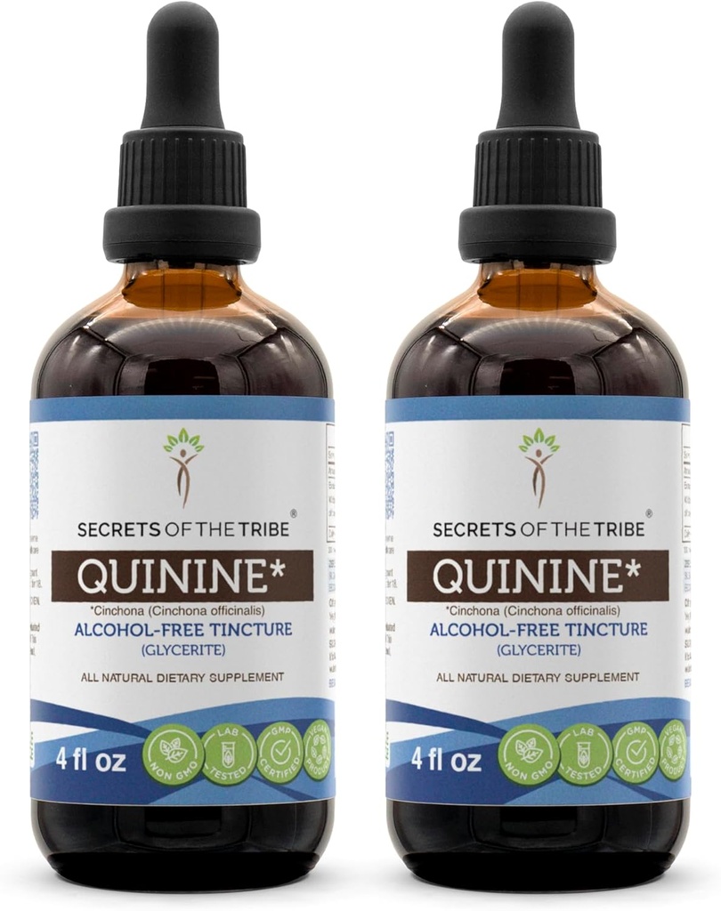 Secrets de la teinture sans alcool de Tribe Quinine (Glycérite) 680 mg Quinine sauvage (Cinchona officinalis) Bar sec (2x4 Fl Oz)