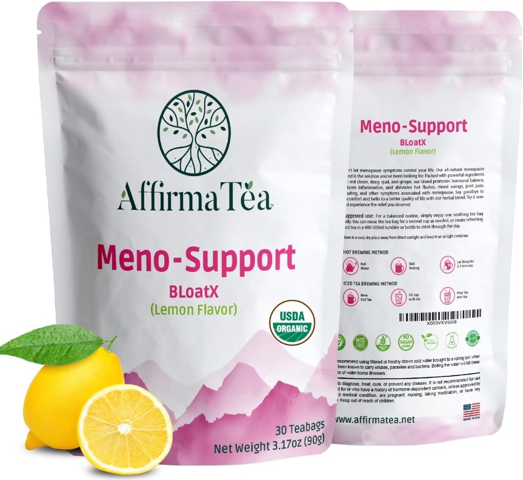 Méno-support BloatX Organic Ménopause Relief: Balances & Supports Flashs chauds, Hormones, Moods Swings, Sweats de nuit, & Bloading with Black Cohosh, Red Clover & Dong Quai. Saveur de citron frais naturel.