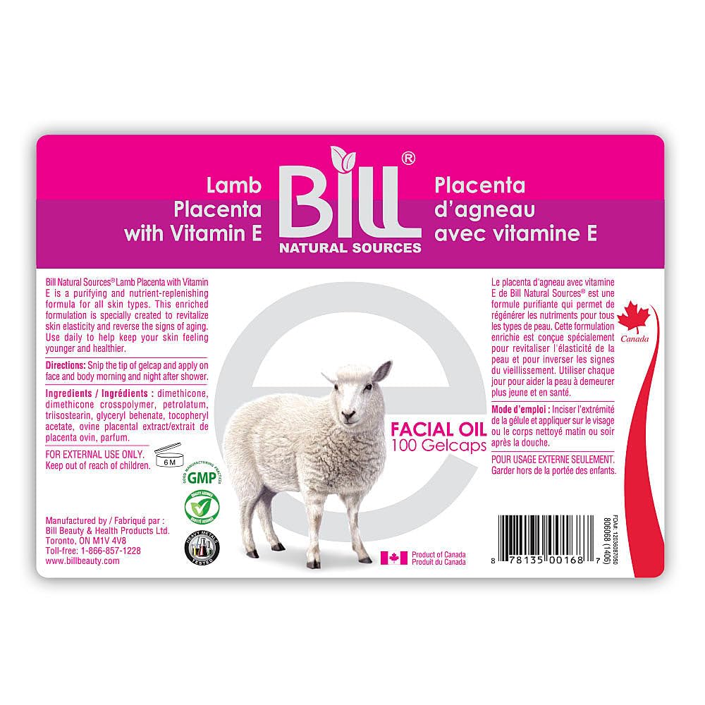 Bill Sources naturelles Lamb Placenta avec vitamine E, 100 Gelcaps - rajeunit les cellules cutanées ternes et revitalise l'élasticité des cellules cutanées
