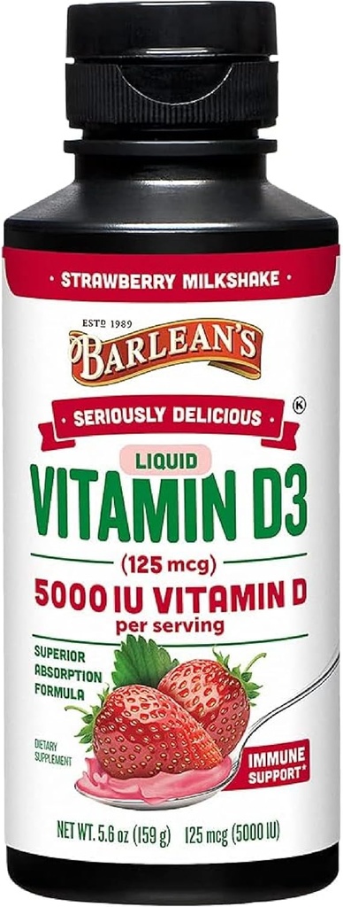 Barlean's Liquid Vitamine D, 5000 UI D3, Strawberry Milkshake Aromatisé pour les enfants et les adultes, Absorption maximale, non OGM, sans gluten - 5,6 oz