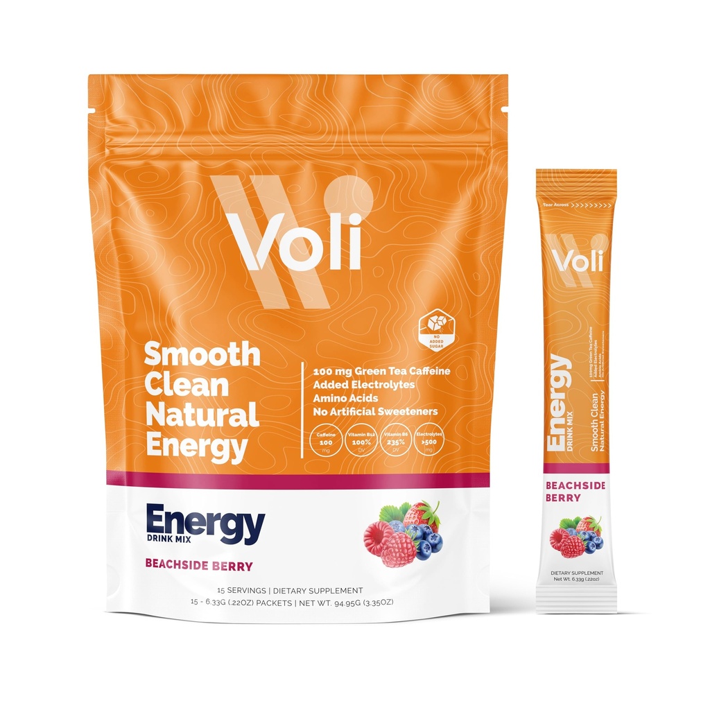 Voli Energy Drink Mix Packets (Powder Pre-Workout Natural) avec du thé vert Caféine & B Vitamines, acides aminés et électrolytes pour le focus soutenu, l'hydratation et l'énergie propre.